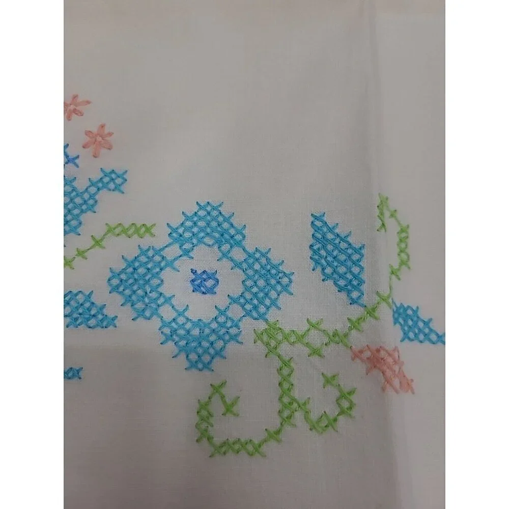 Vintage Handmade Cross Stitch Pillowcase Standard Size Floral Scalloped Edge